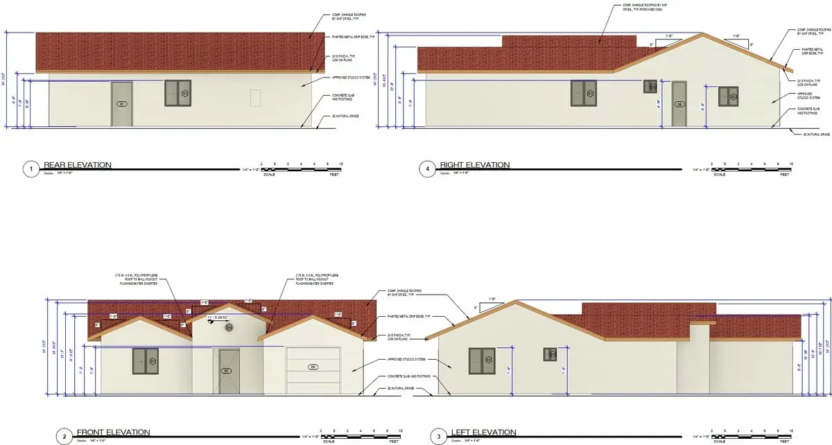 Spanish-style ADU exterior elevation drawing