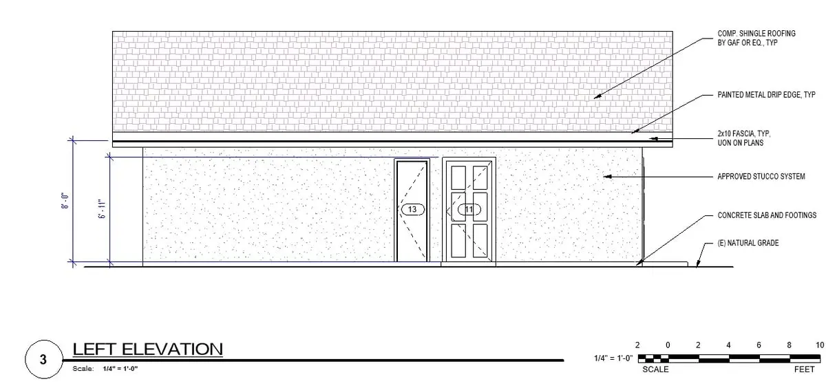 Efficient two-bedroom living. exterior elevation drawing