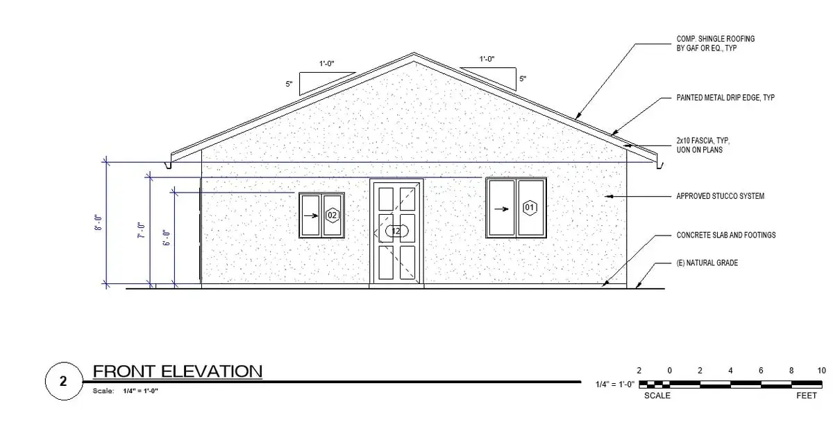 Efficient two-bedroom living. exterior elevation drawing