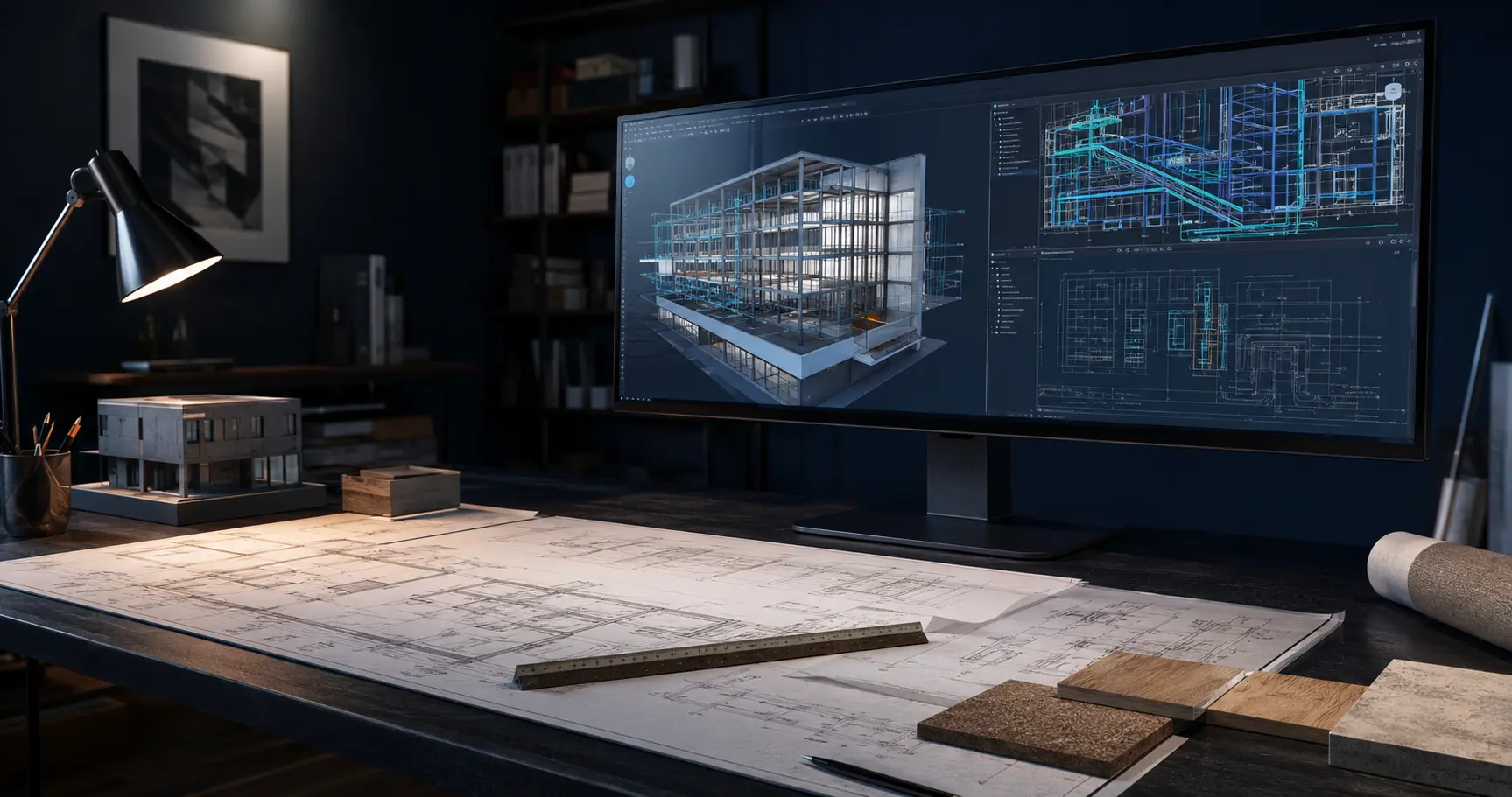 Representative BIM coordination workspace with building model and plans