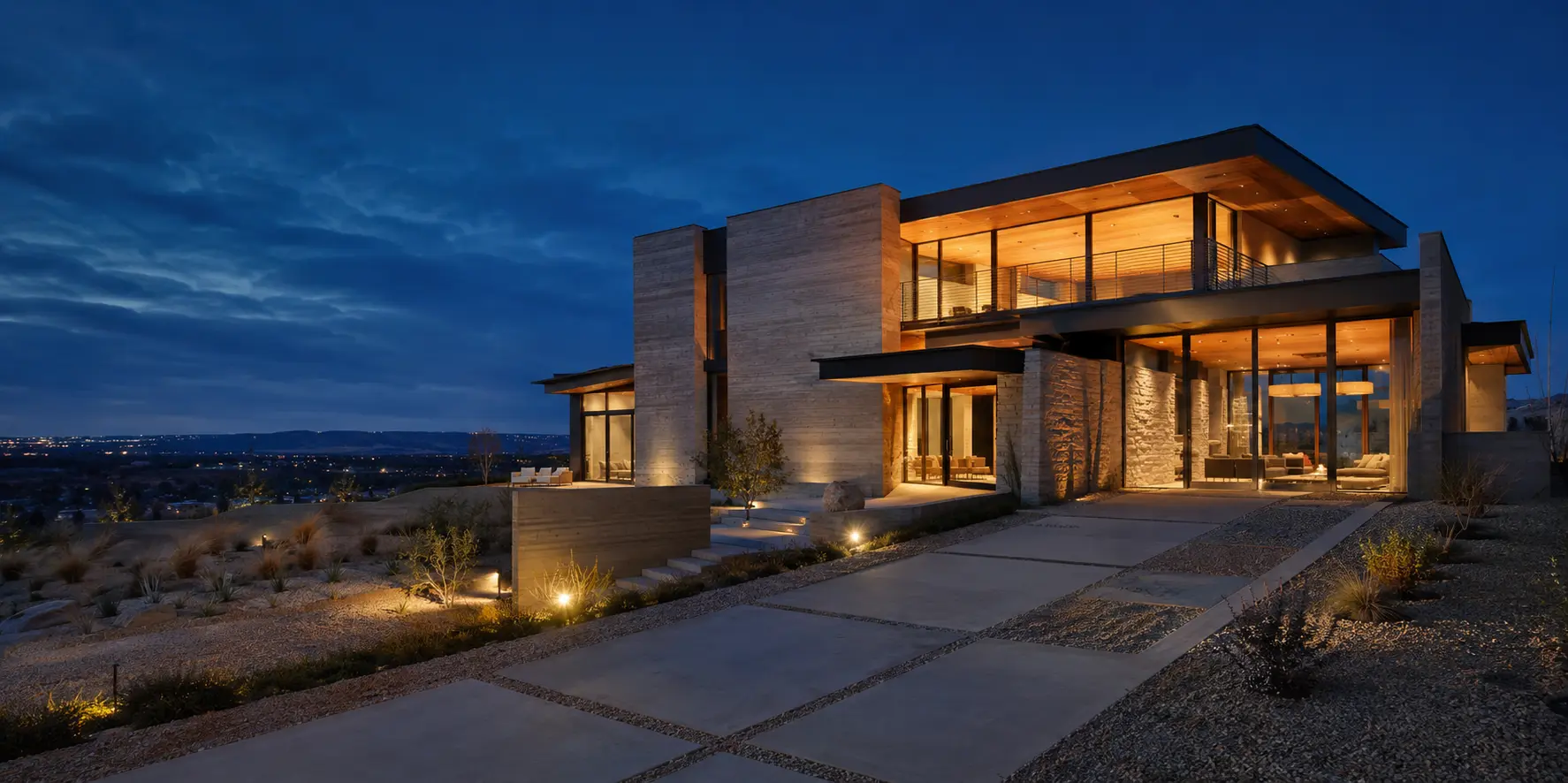 Contemporary California residence at blue hour, shown as a representative design visualization